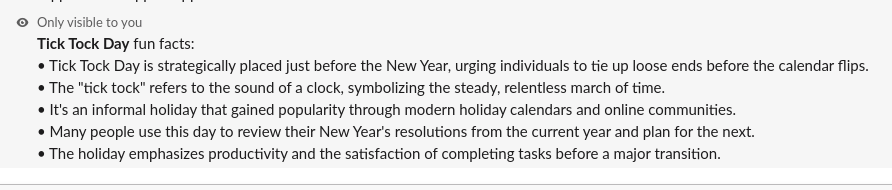 Slack bot preview showing fun facts