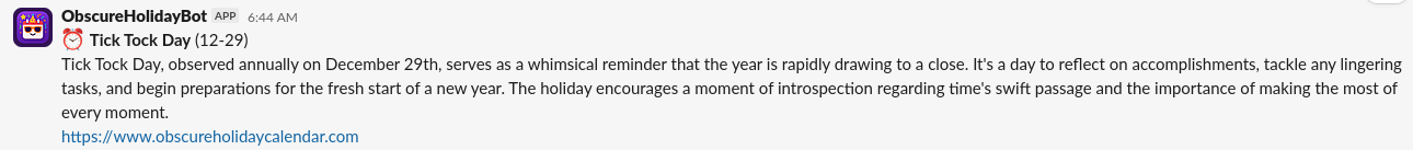 Slack bot preview showing today's holiday